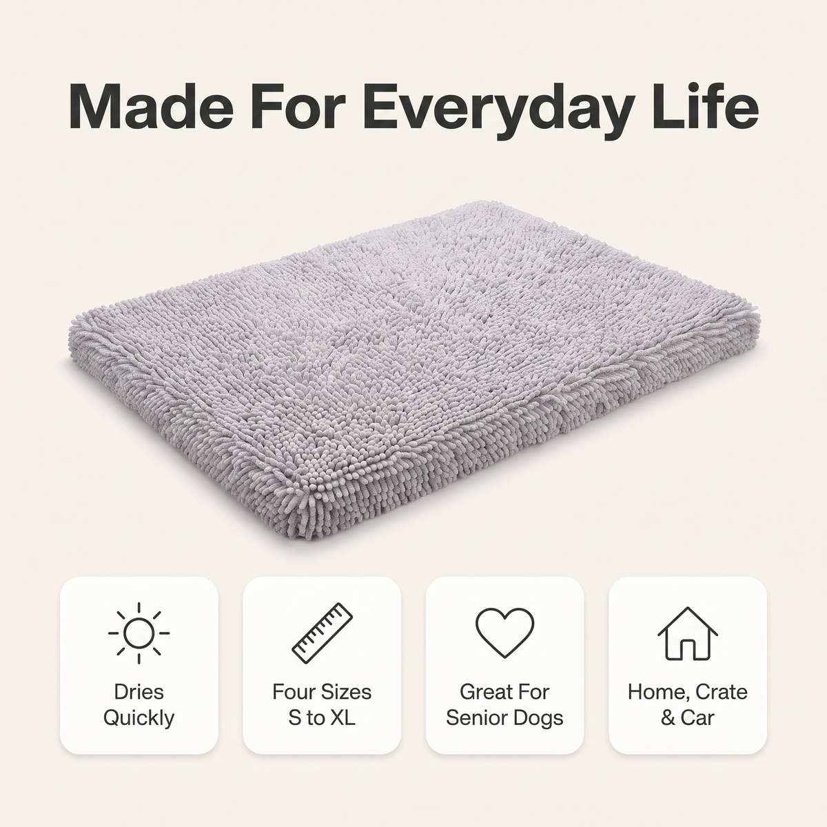 Dog mat benefits overview: dries quickly, four sizes S to XL, great for senior dogs, home crate and car