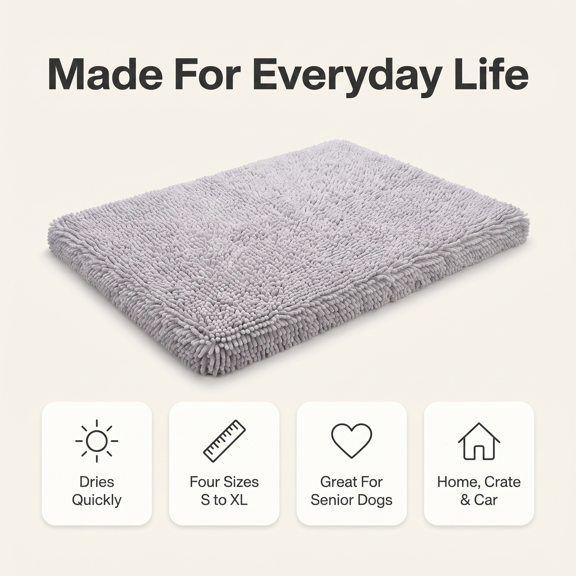 Dog mat benefits overview: dries quickly, four sizes S to XL, great for senior dogs, home crate and car