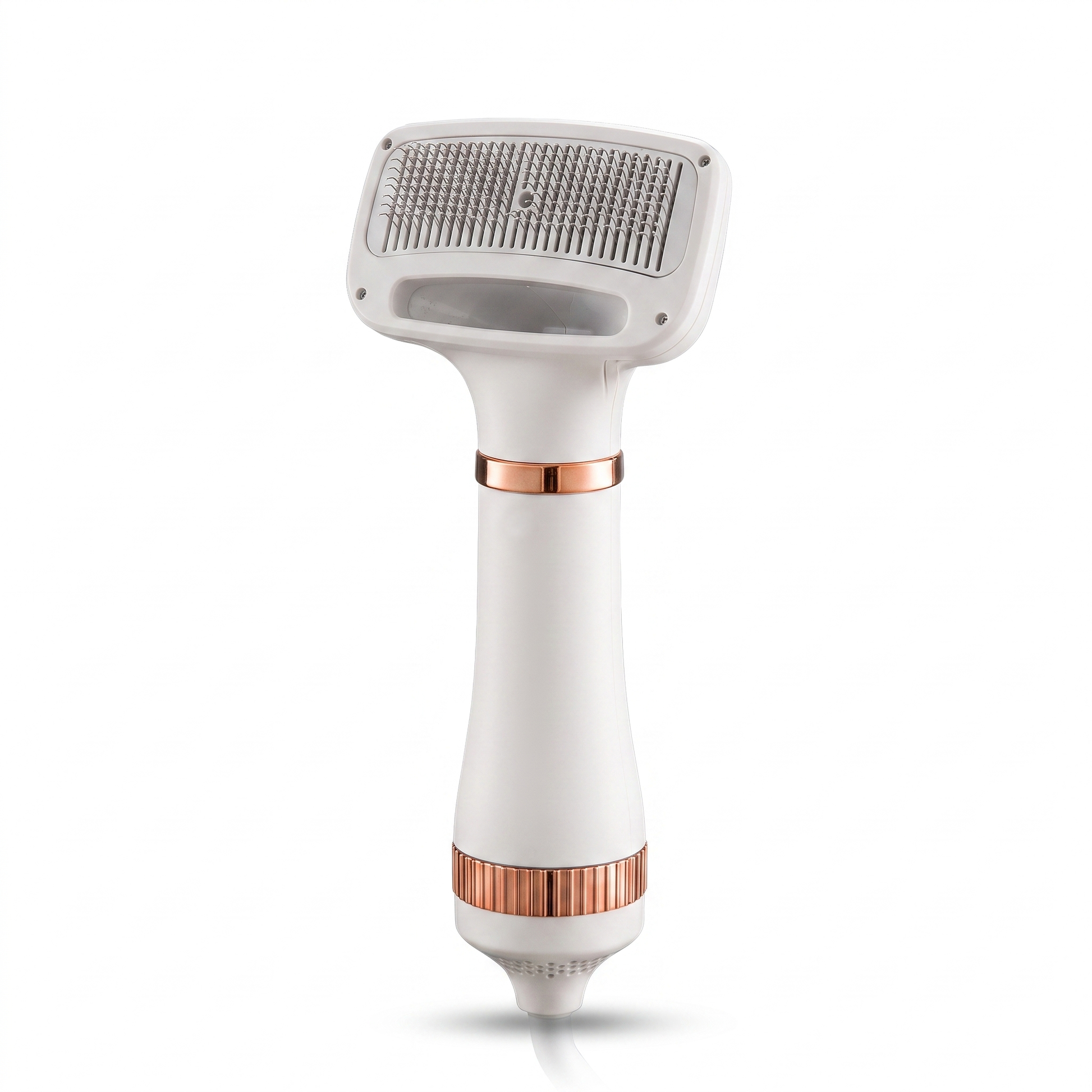White 2 in 1 dog hair dryer with slicker brush attachment on white background