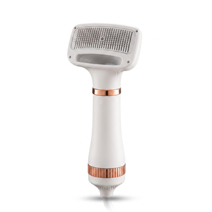 White 2 in 1 dog hair dryer with slicker brush attachment on white background
