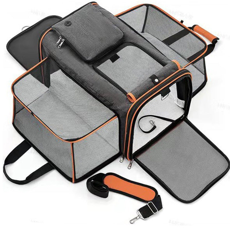 Cat Carrier with Expandable Mesh Sides, Sling Strap and Soft Mat