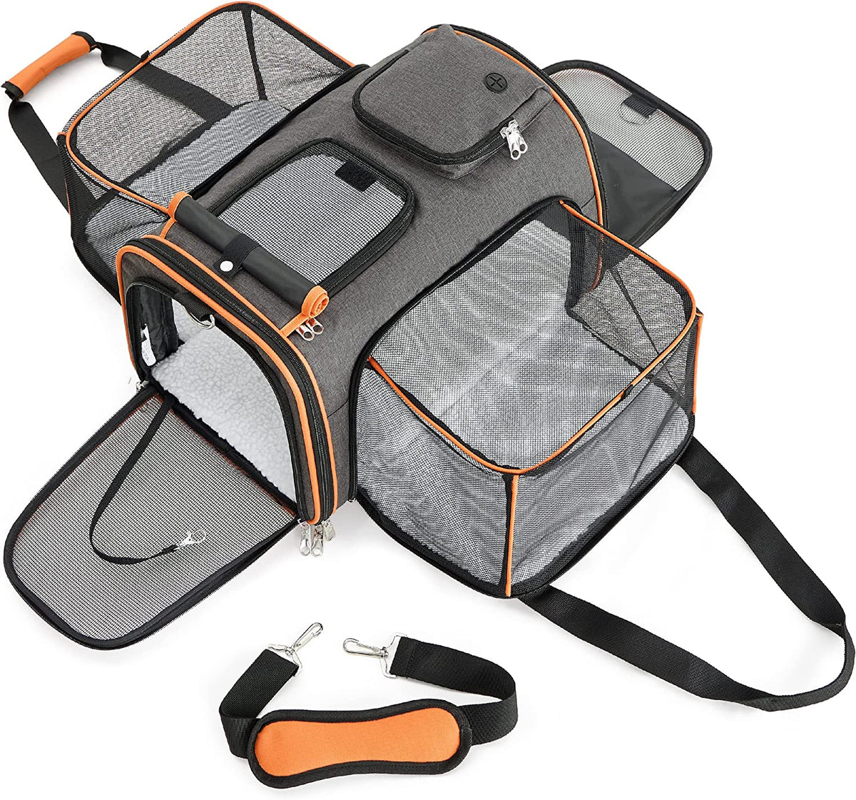 Cat Carrier with Expandable Mesh Sides, Sling Strap and Soft Mat