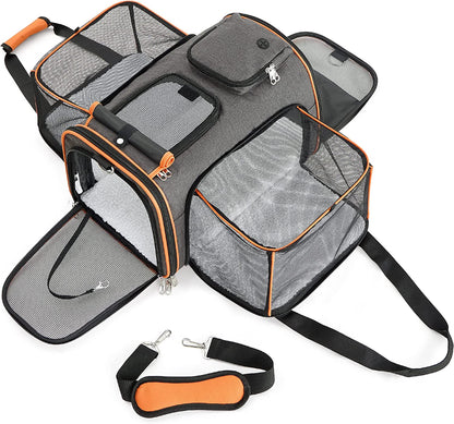 Cat Carrier with Expandable Mesh Sides, Sling Strap and Soft Mat