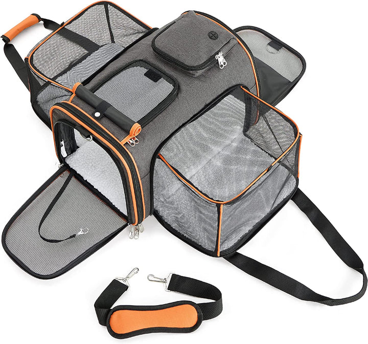 Cat Carrier with Expandable Mesh Sides, Sling Strap and Soft Mat