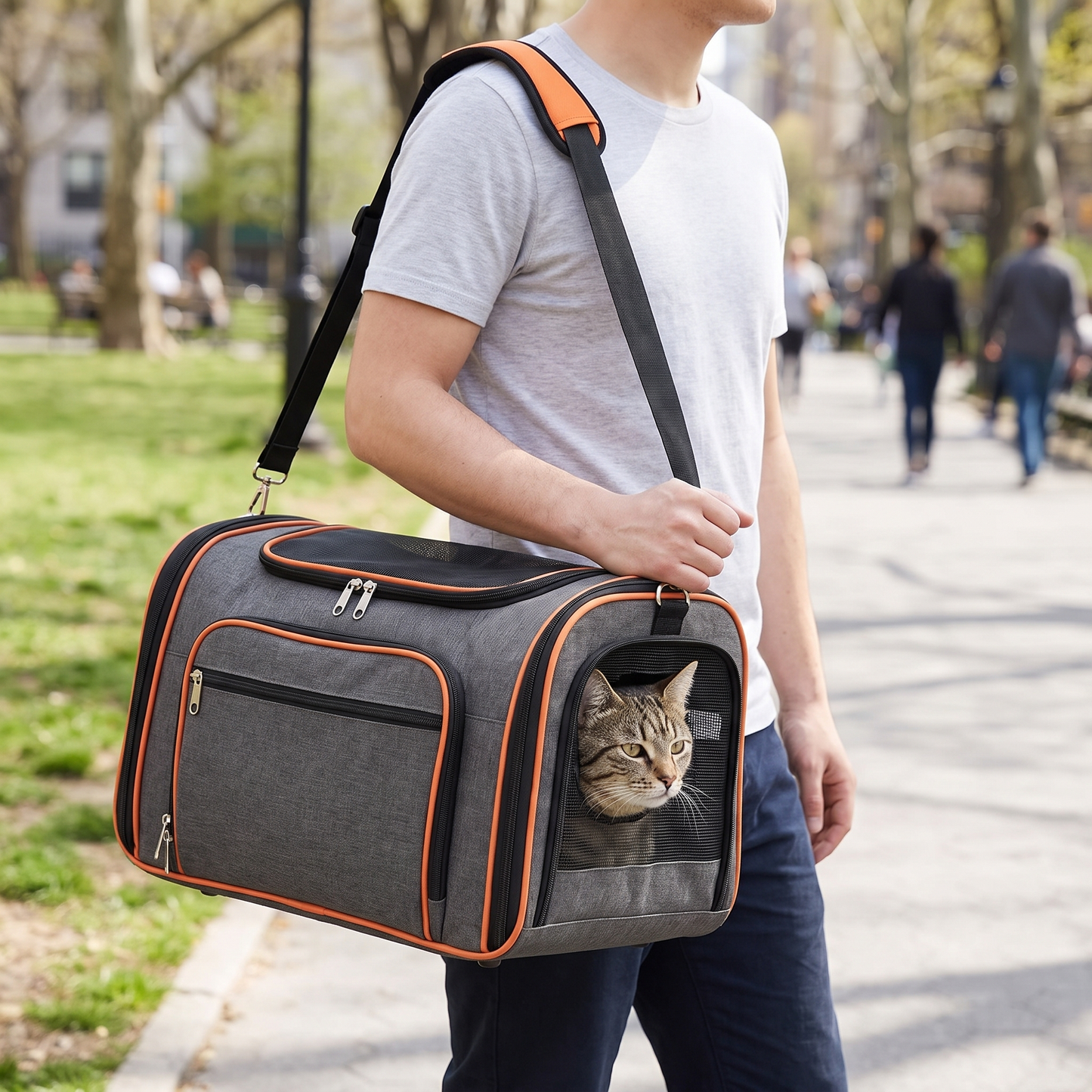 Cat Carrier with Expandable Mesh Sides, Sling Strap and Soft Mat