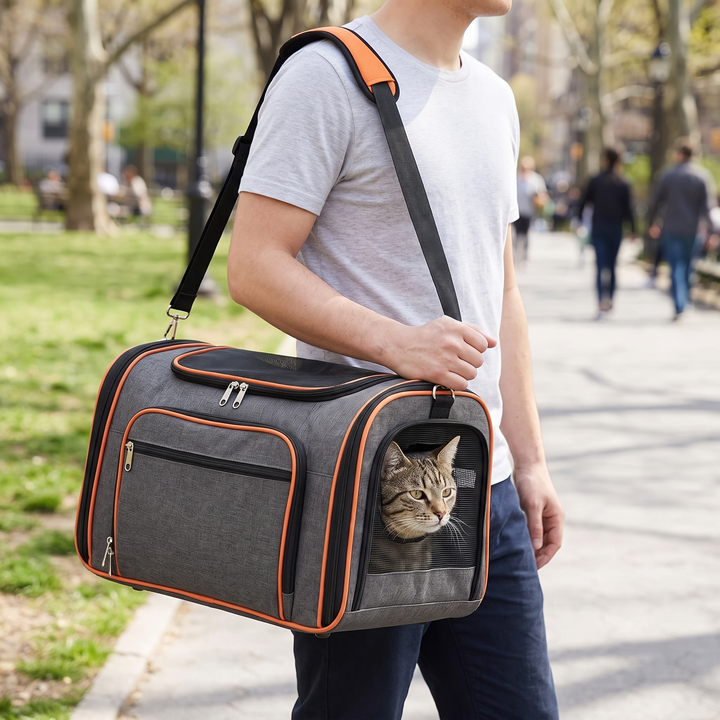 Cat Carrier with Expandable Mesh Sides, Sling Strap and Soft Mat