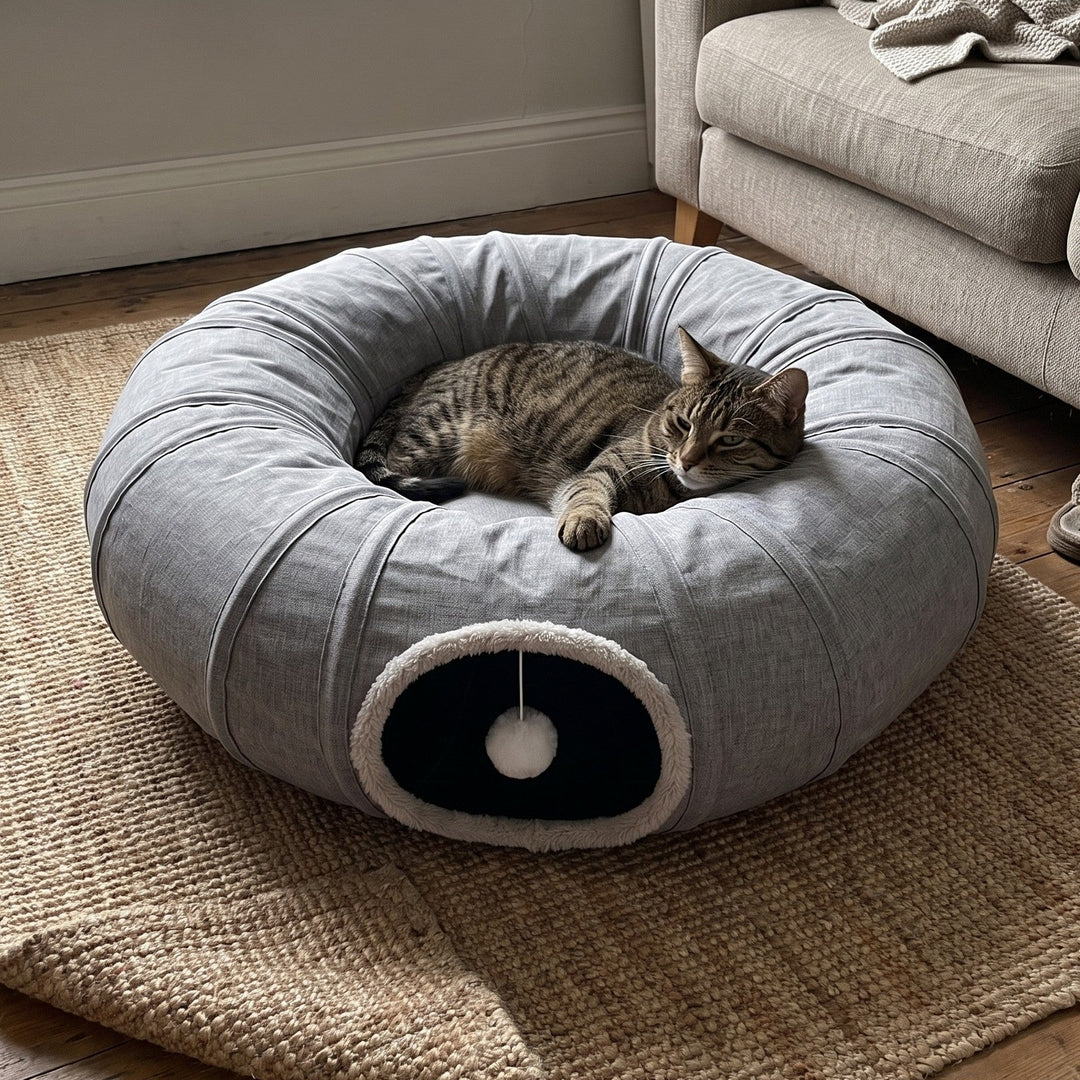 Cat tunnel bed in Flax Grey with a tabby cat resting in the donut