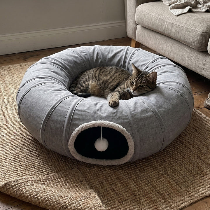 Cat tunnel bed in Flax Grey with a tabby cat resting in the donut