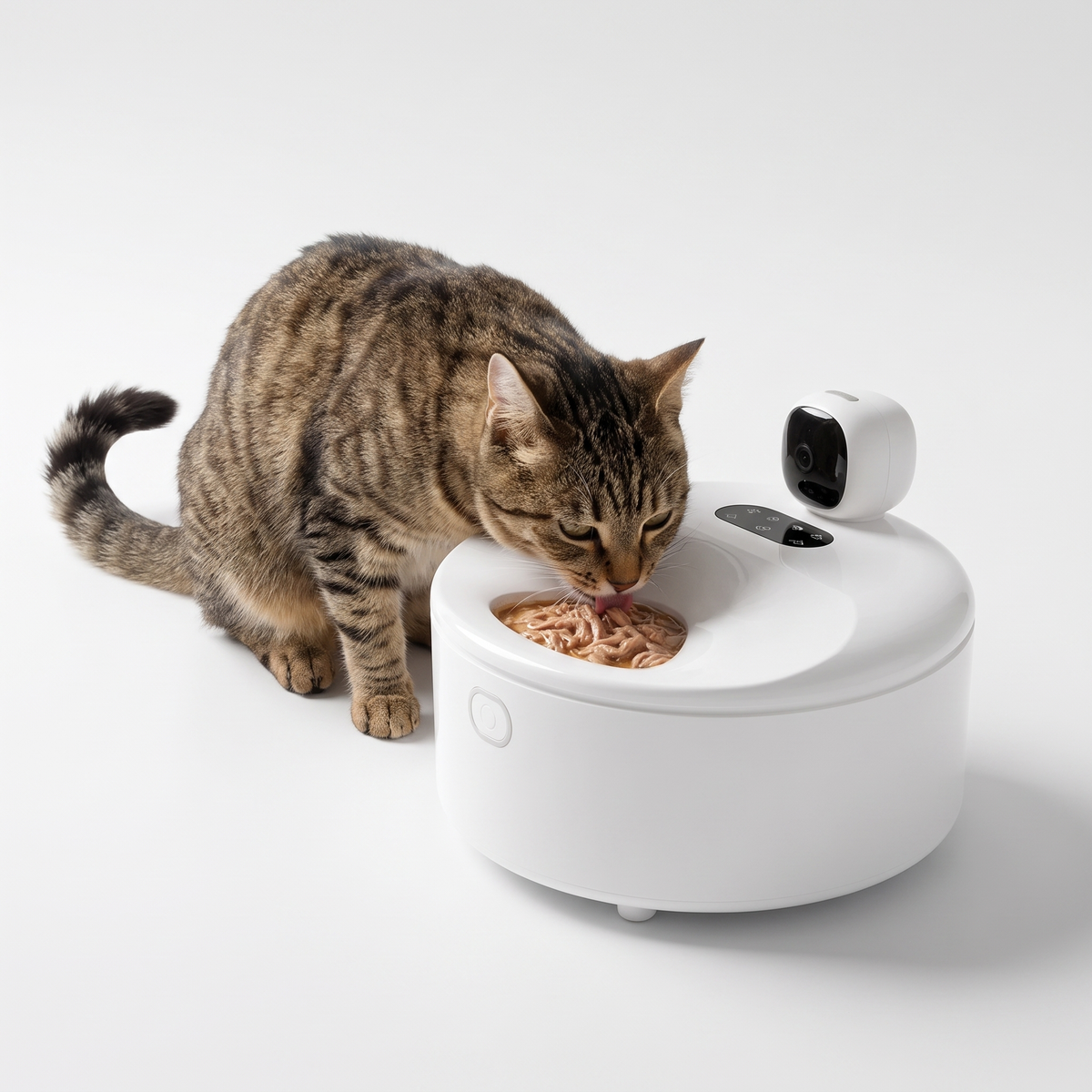 Tabby cat eating chilled wet food from the automatic wet food feeder with camera pod