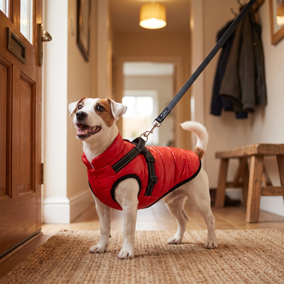 Dog in a red padded coat with built in harness waiting by the front door with the lead clipped on