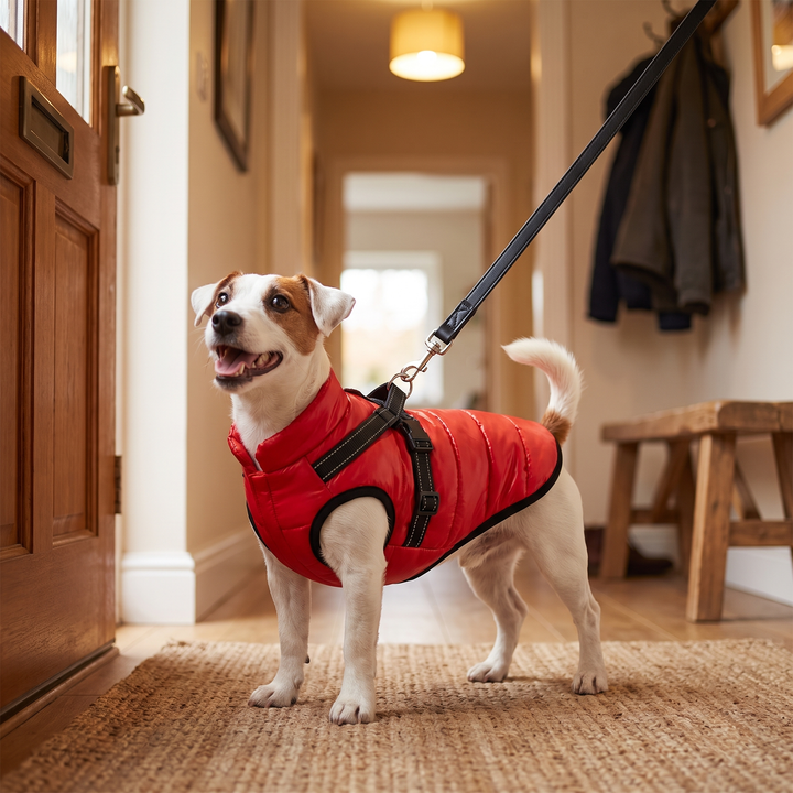 Dog in a red padded coat with built in harness waiting by the front door with the lead clipped on