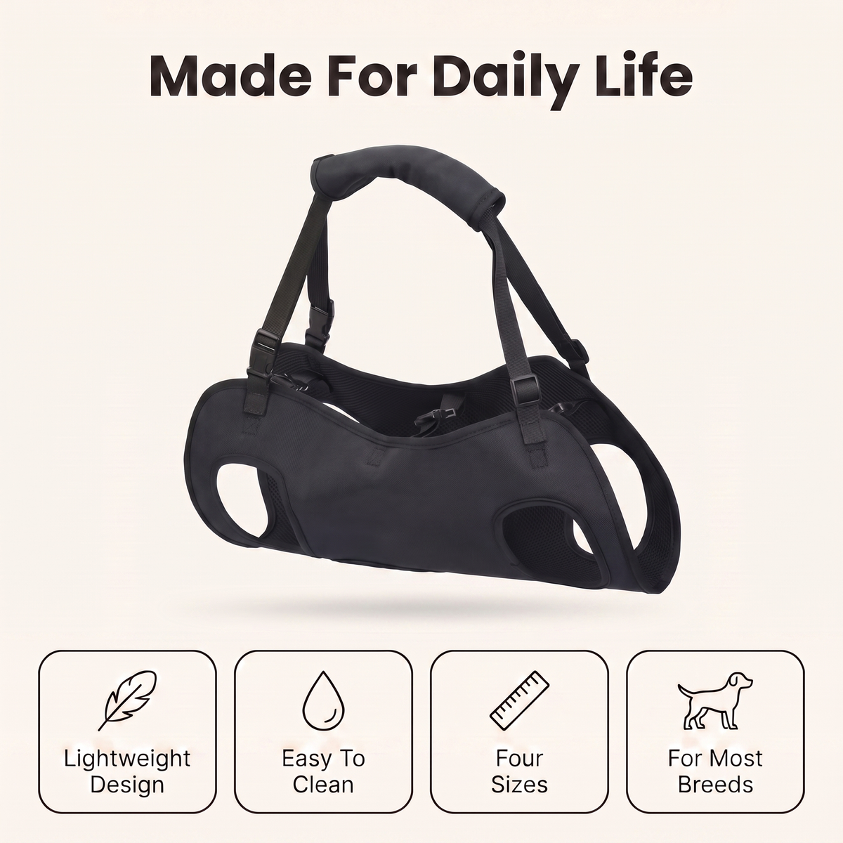 Dog harness daily life features: lightweight design, easy to clean, four sizes, for most breeds