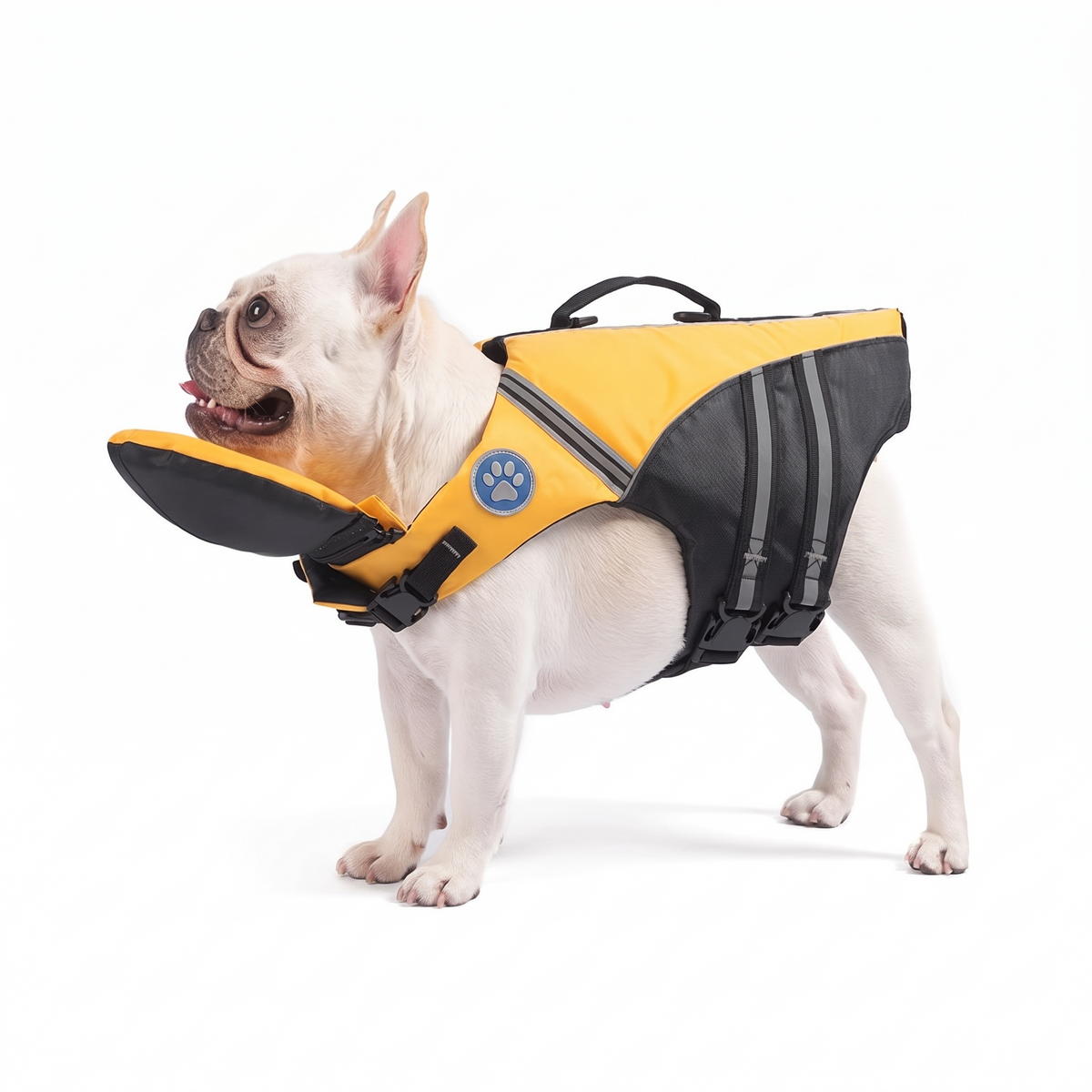 FloatPaw dog life jacket with rescue handle in yellow