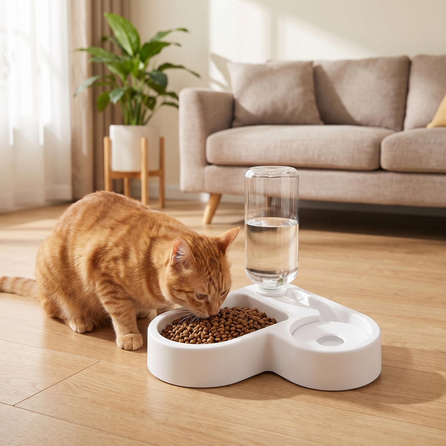 Cat eating dry food from the 2 in 1 automatic feeder and water dispenser at home