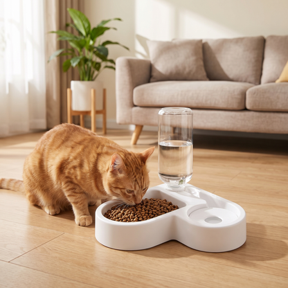 Cat eating dry food from the 2 in 1 automatic feeder and water dispenser at home