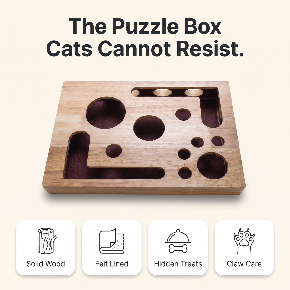 Cat scratch board puzzle box infographic with solid wood, felt lined, hidden treats and claw care feature cards