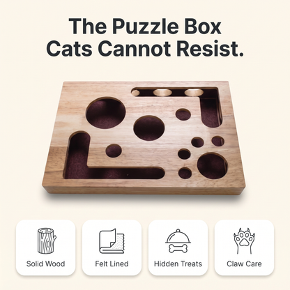 Cat scratch board puzzle box infographic with solid wood, felt lined, hidden treats and claw care feature cards