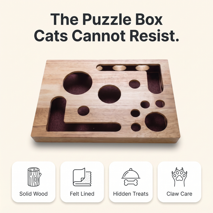 Cat scratch board puzzle box infographic with solid wood, felt lined, hidden treats and claw care feature cards