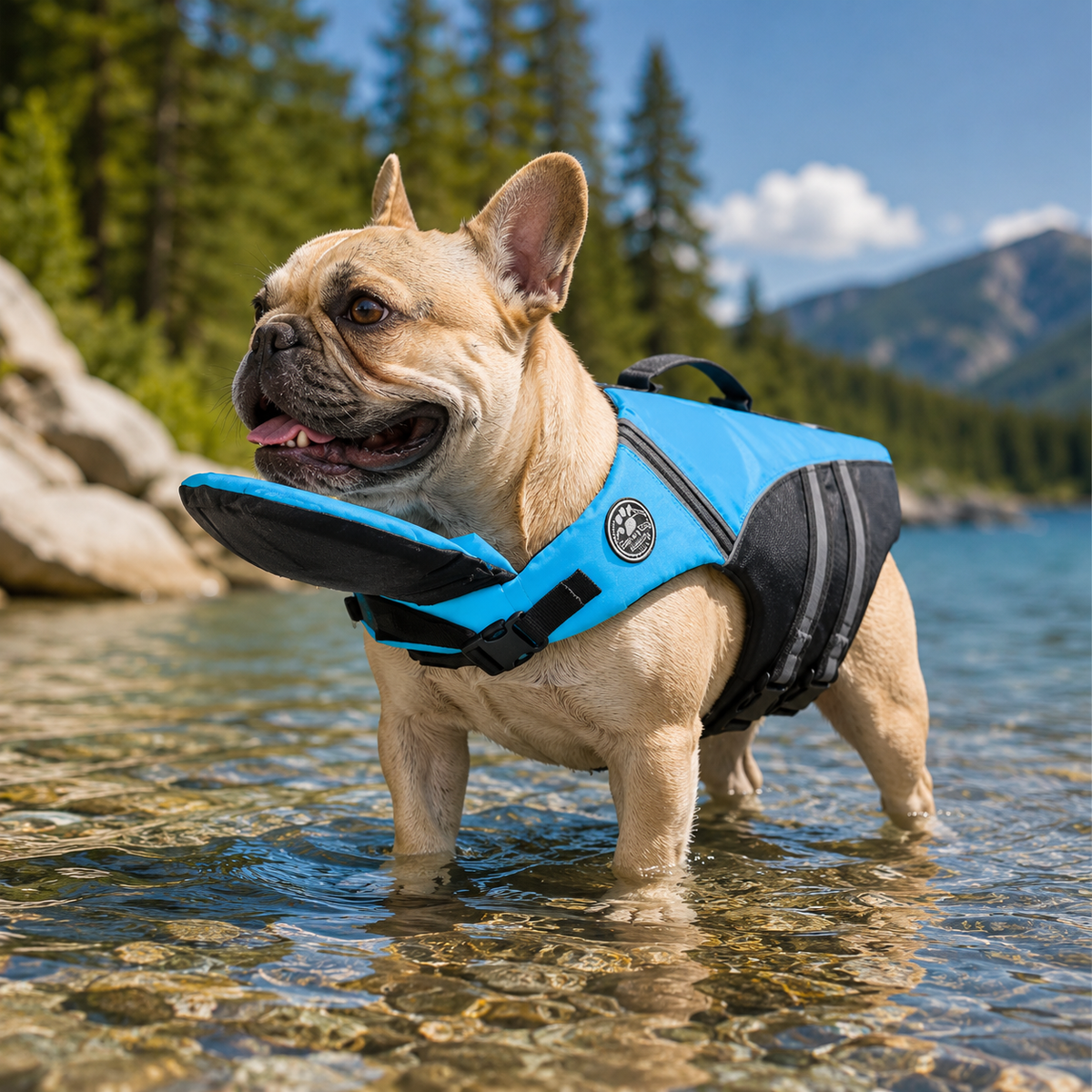 Dog wearing buoyant life jacket standing in shallow lake water