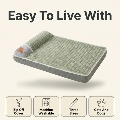 Washable dog bed care and sizing: zip off cover, machine washable, three sizes, for cats and dogs