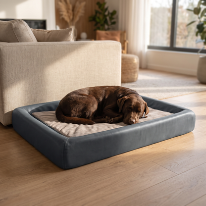 Chocolate labrador asleep on grey vegan leather orthopedic dog bed in living room