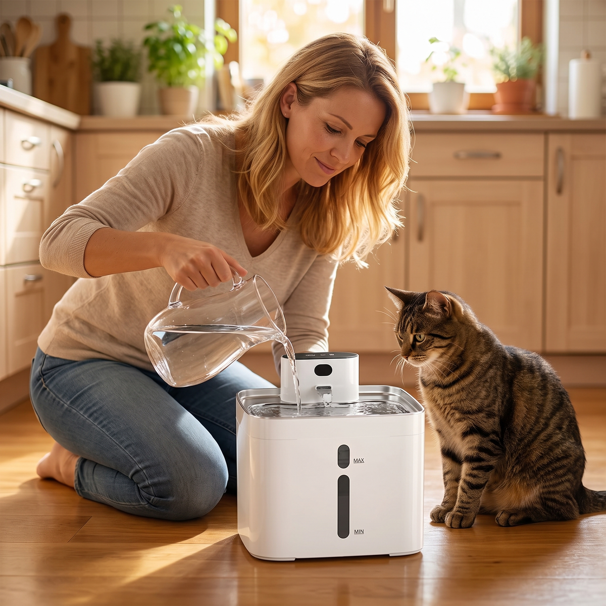 Owner refilling cordless cat water fountain with fresh water from a jug