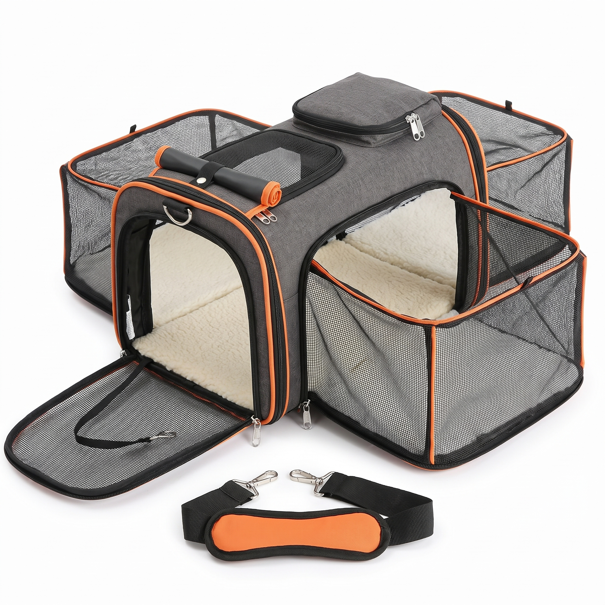 Expandable grey cat carrier with orange trim fully opened with shoulder sling strap, on white background