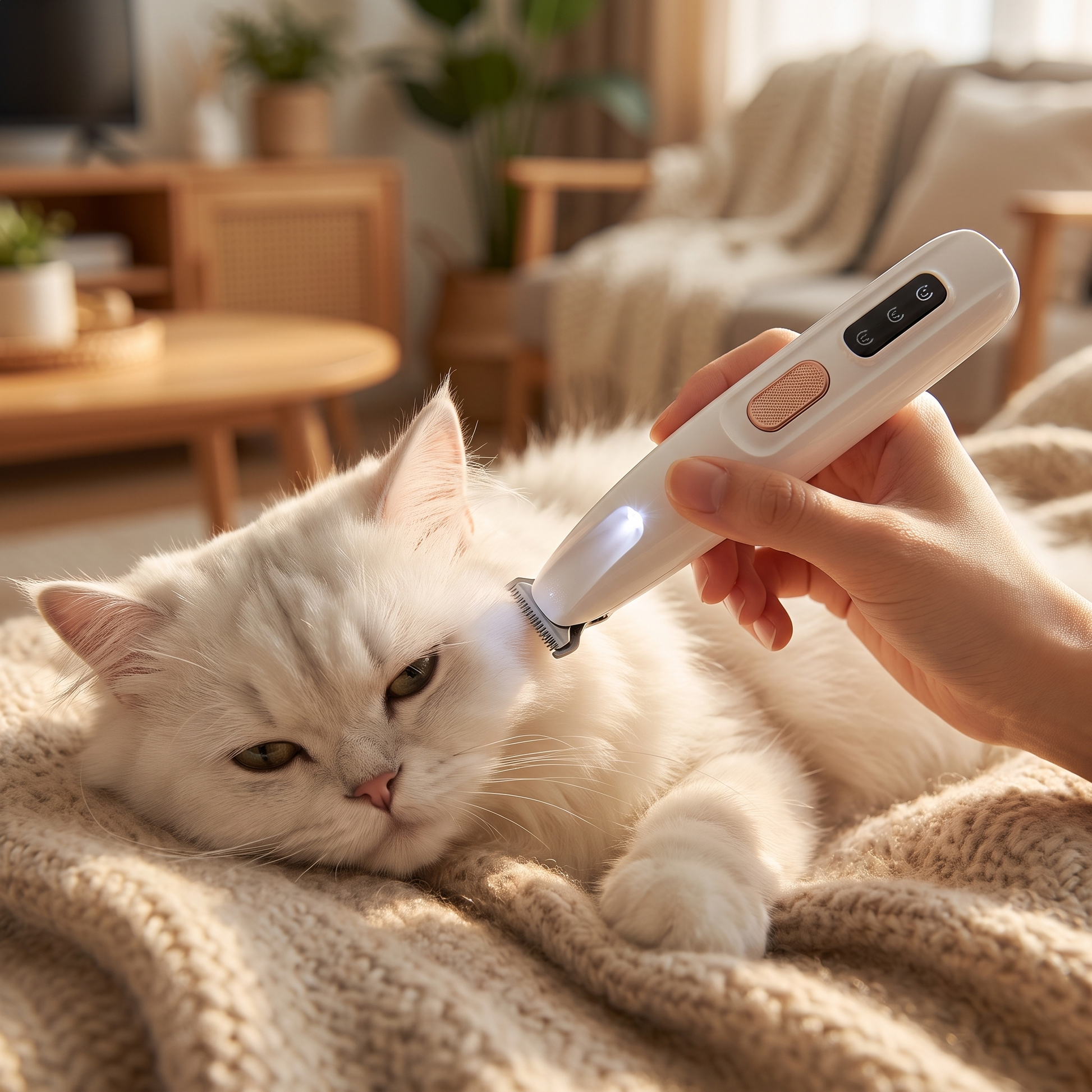 Fluffy white cat having face fur tidied with the LED pet trimmer in a cosy living room
