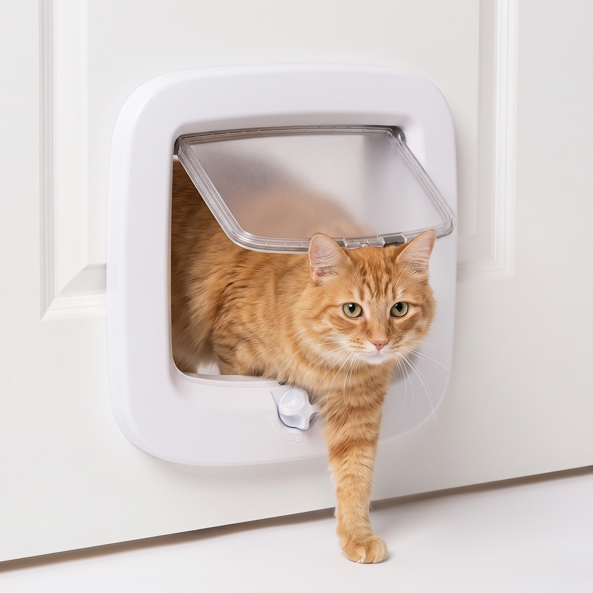 Cat stepping through a white cat flap with 4 way manual locking door