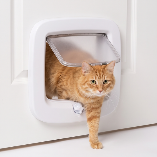 Cat stepping through a white cat flap with 4 way manual locking door