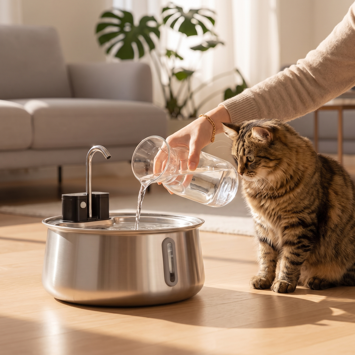Owner refilling 3.2L stainless steel cat water fountain while a tabby cat watches