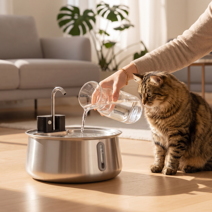 Owner refilling 3.2L stainless steel cat water fountain while a tabby cat watches