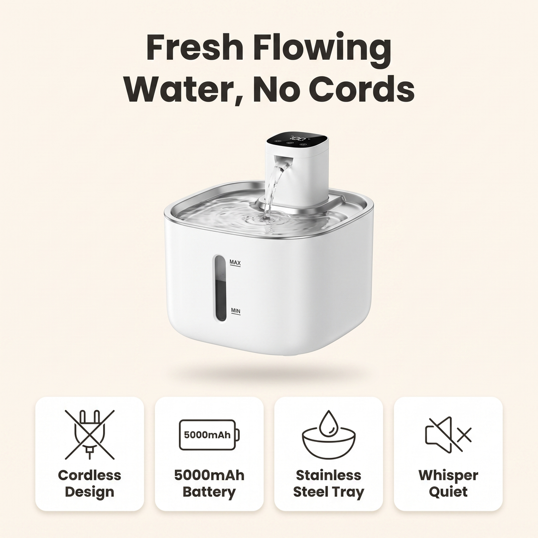 Cordless cat water fountain features: cordless design, 5000mAh battery, stainless steel tray, whisper quiet