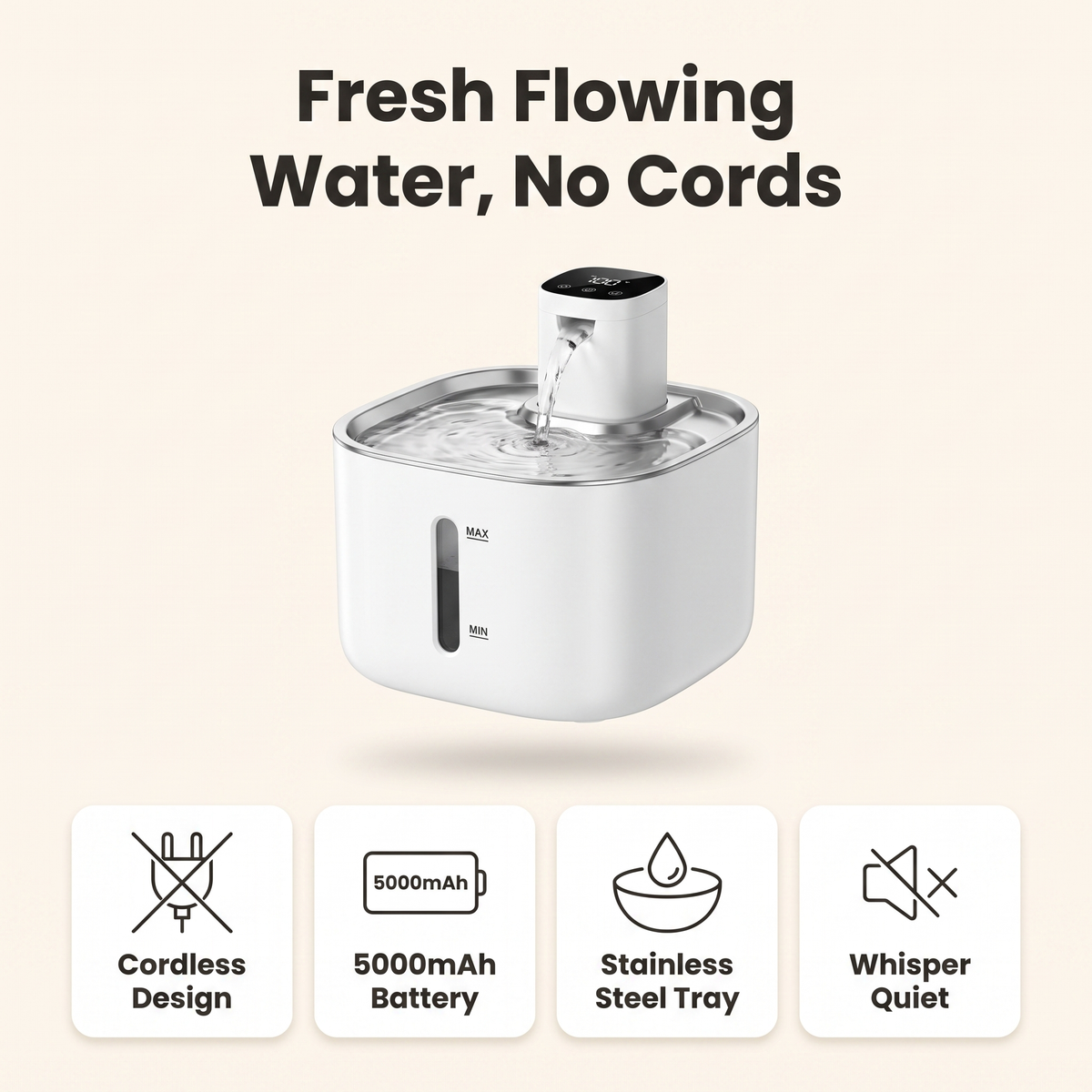 Cordless cat water fountain features: cordless design, 5000mAh battery, stainless steel tray, whisper quiet