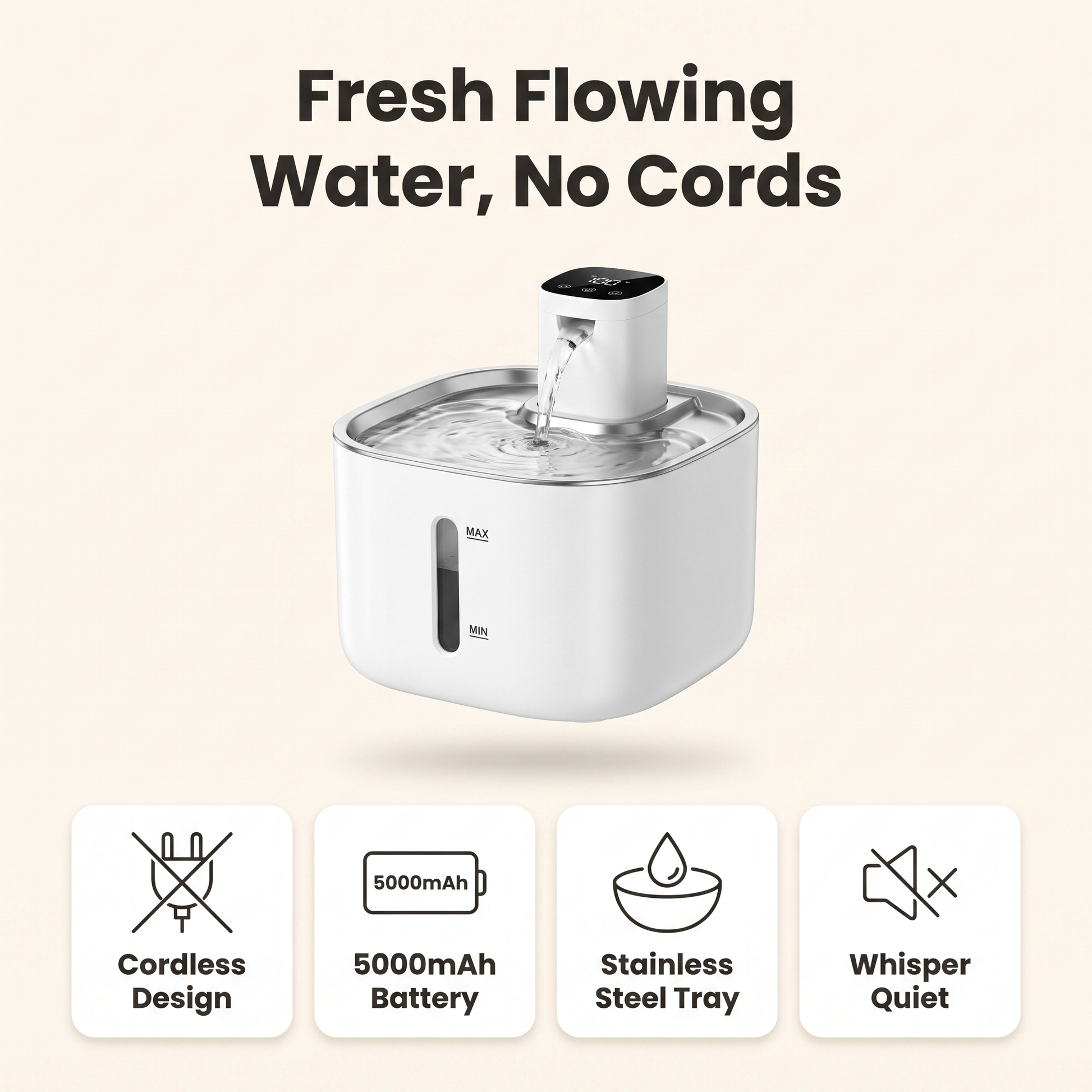 Cordless cat water fountain features: cordless design, 5000mAh battery, stainless steel tray, whisper quiet