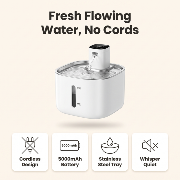 Cordless cat water fountain features: cordless design, 5000mAh battery, stainless steel tray, whisper quiet