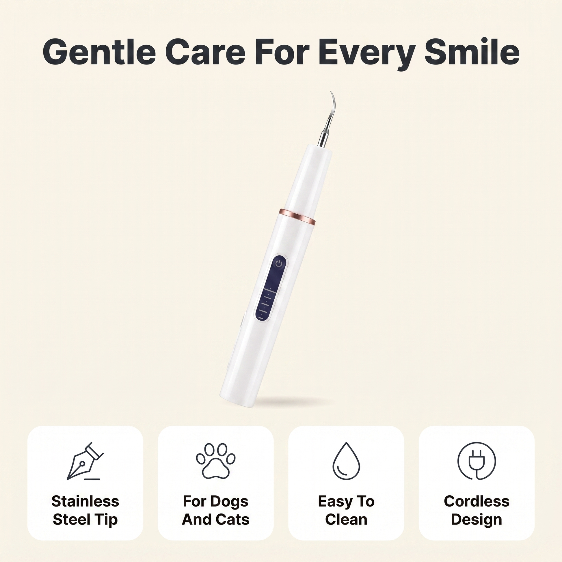 Ultrasonic dog tooth cleaner details: stainless steel tip, for dogs and cats, easy to clean, cordless