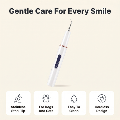 Ultrasonic dog tooth cleaner details: stainless steel tip, for dogs and cats, easy to clean, cordless