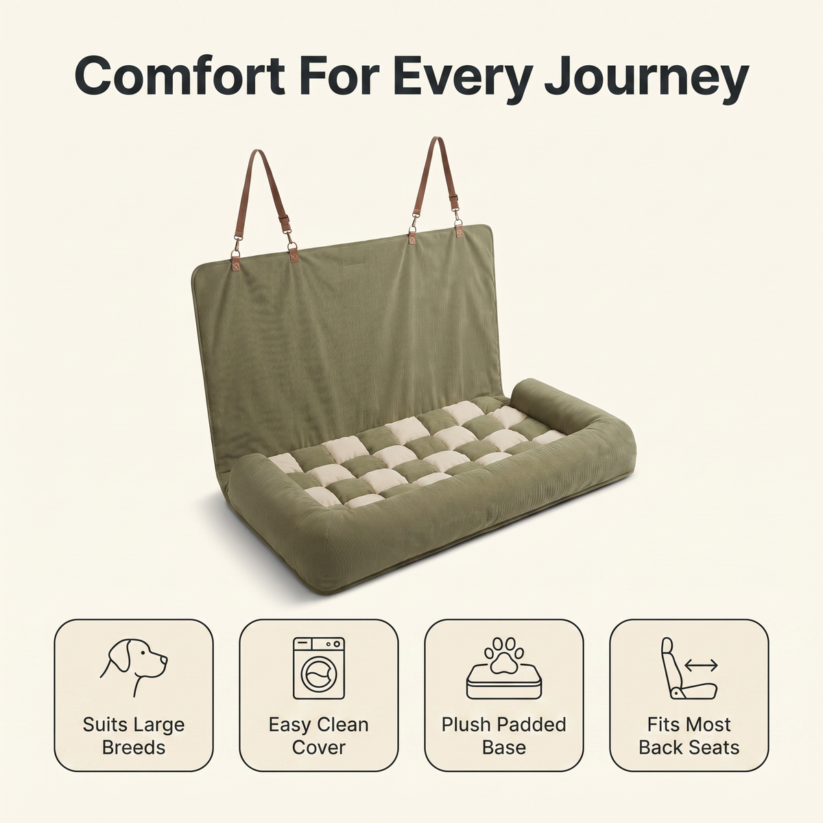 Dog car bed feature overview: suits large breeds, easy clean cover, plush padded base, fits most back seats