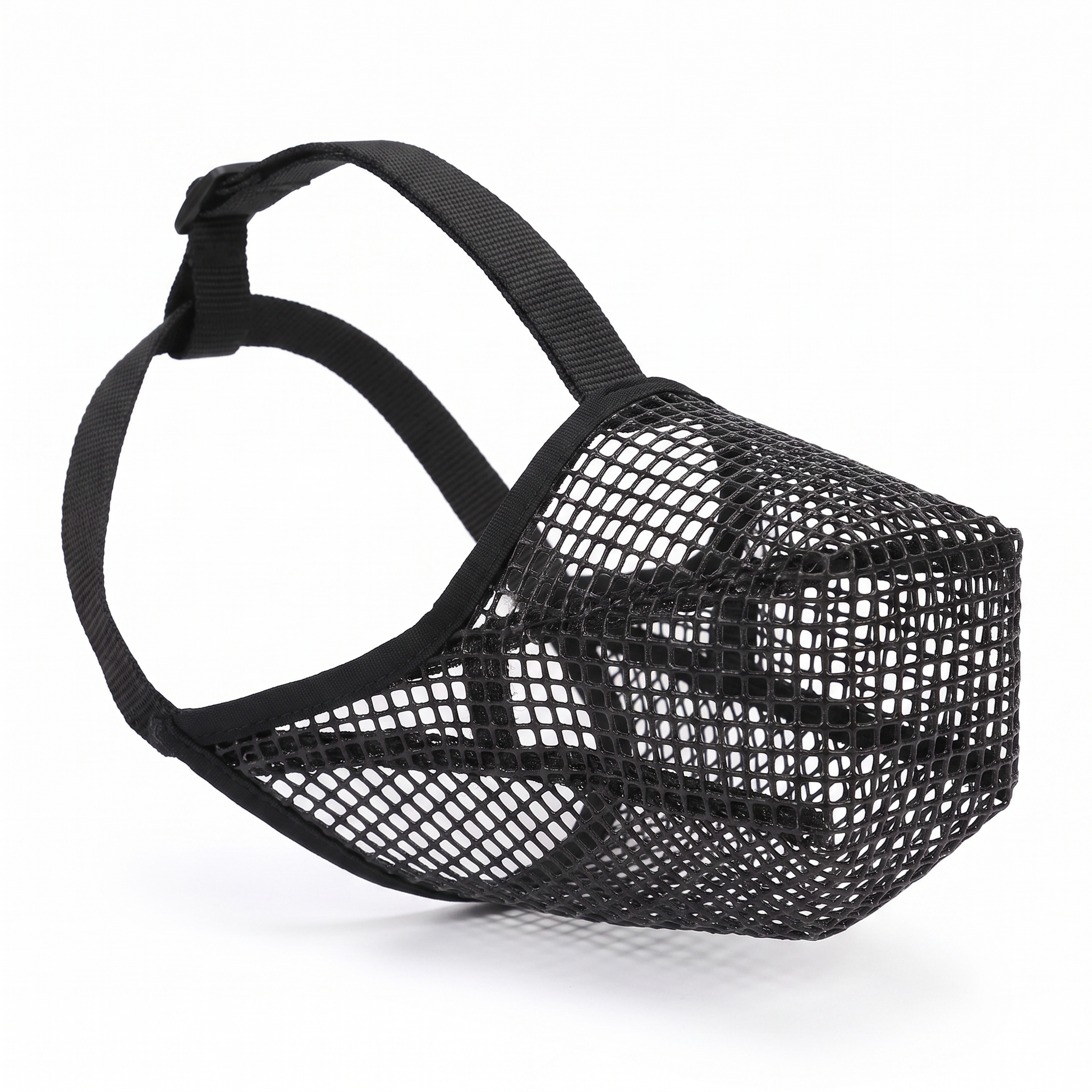 Black soft mesh dog muzzle with adjustable strap on white background