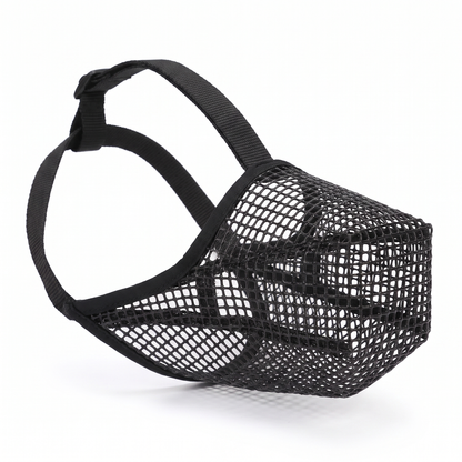 Black soft mesh dog muzzle with adjustable strap on white background