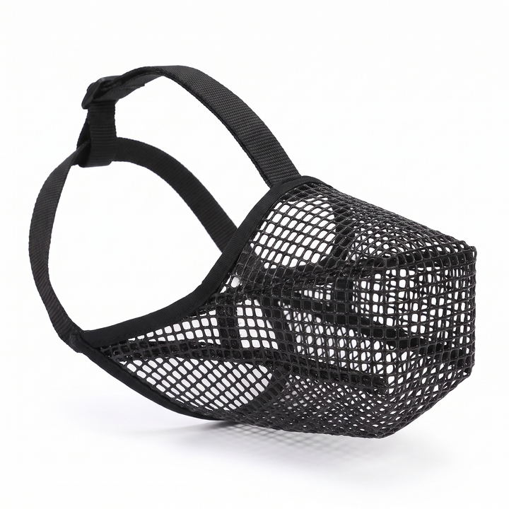 Black soft mesh dog muzzle with adjustable strap on white background
