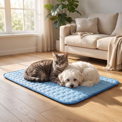 Cat and small dog resting together on the blue pet cooling mat in a bright living room