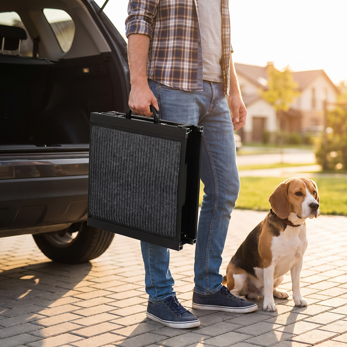 Folded dog ramp carried like a case by its handle next to the car