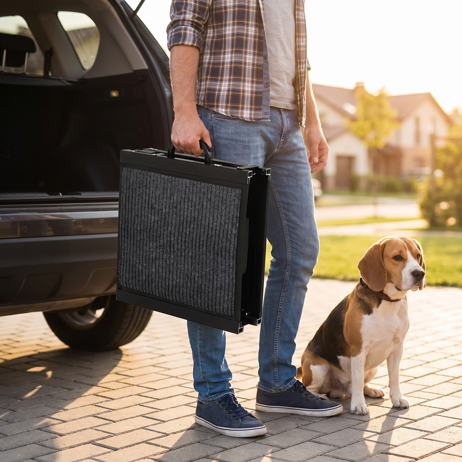 Folded dog ramp carried like a case by its handle next to the car