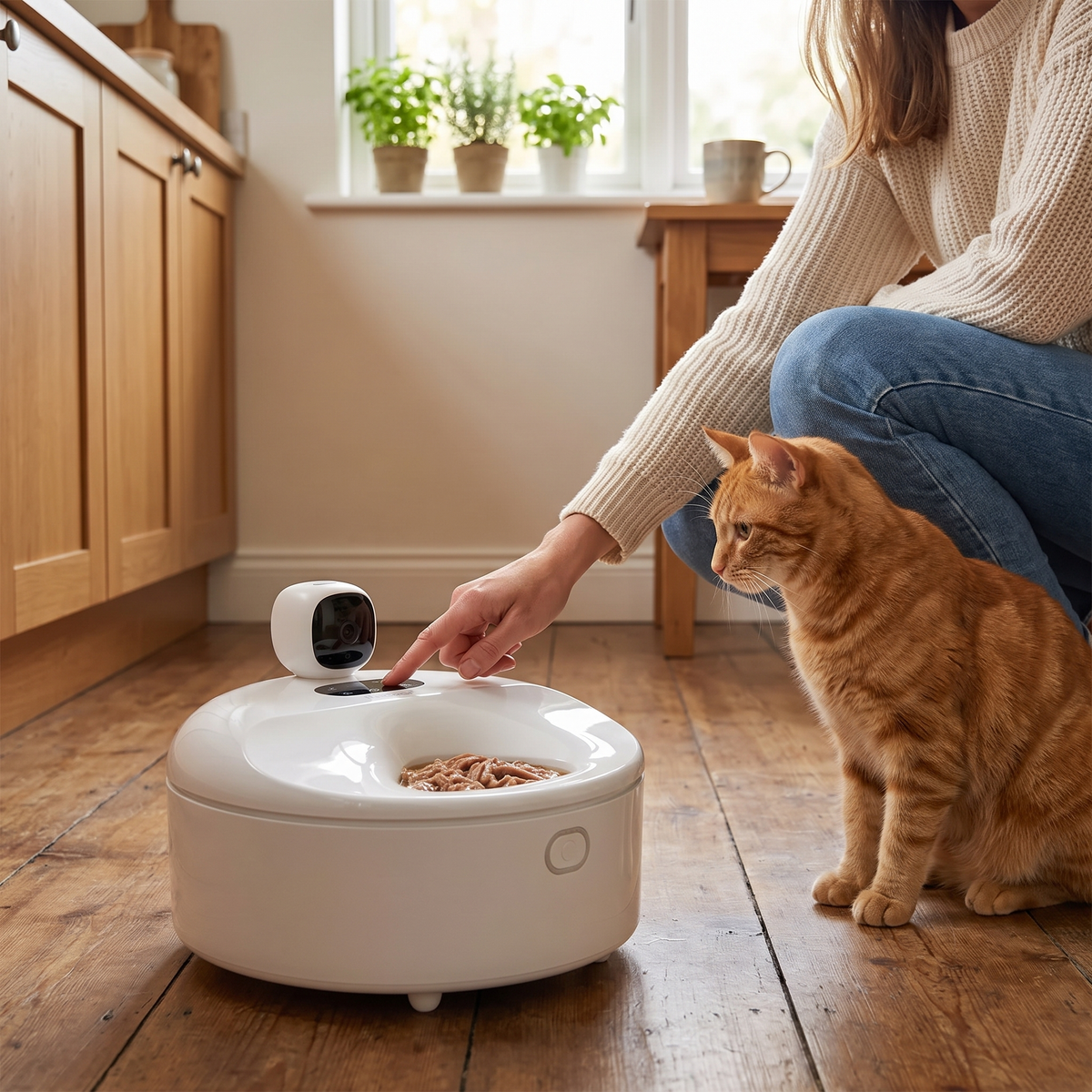 Owner setting a feeding schedule on the automatic wet food feeder touch panel while her cat watches