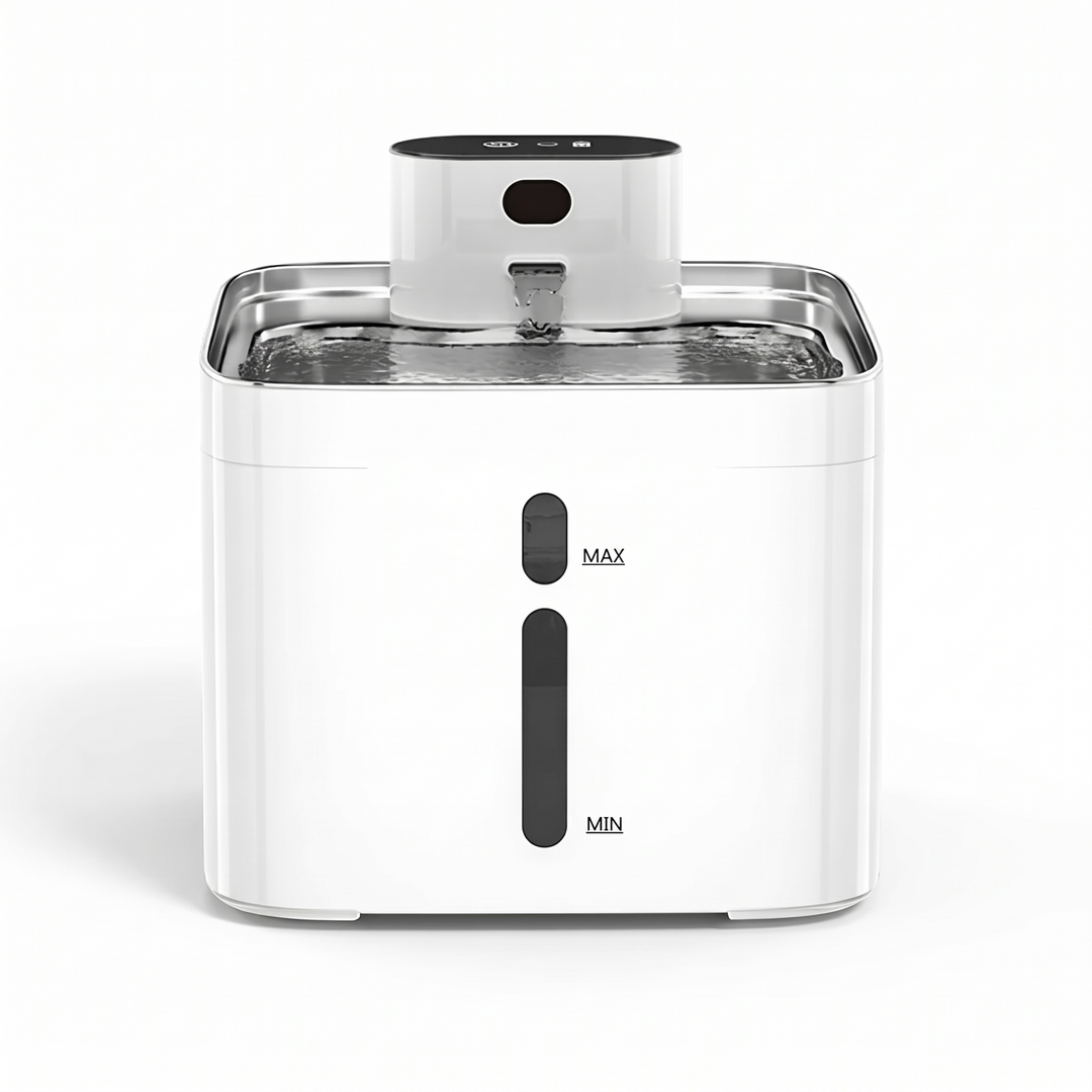 Cordless rechargeable pet water fountain with stainless steel tray on white background