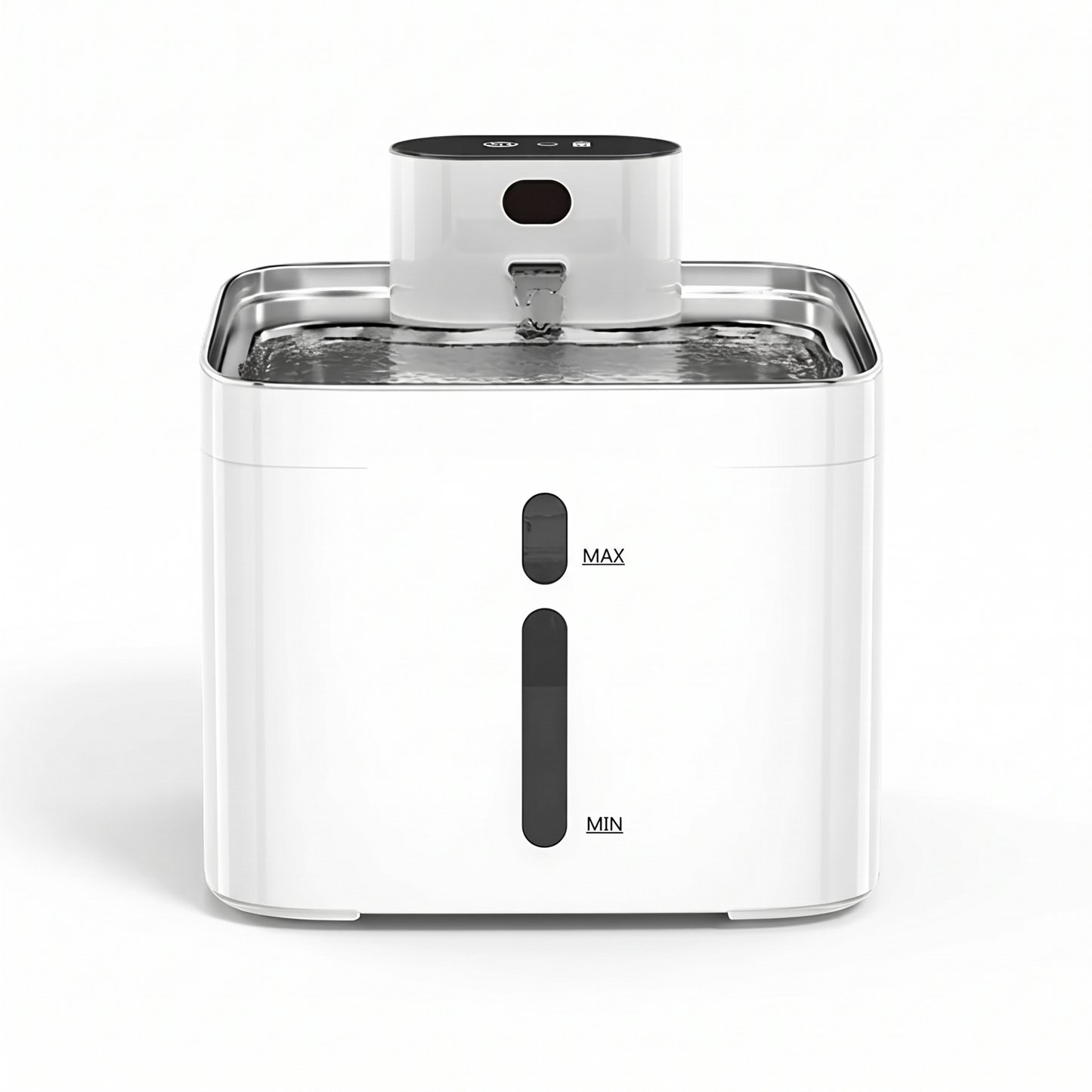 Cordless rechargeable pet water fountain with stainless steel tray on white background
