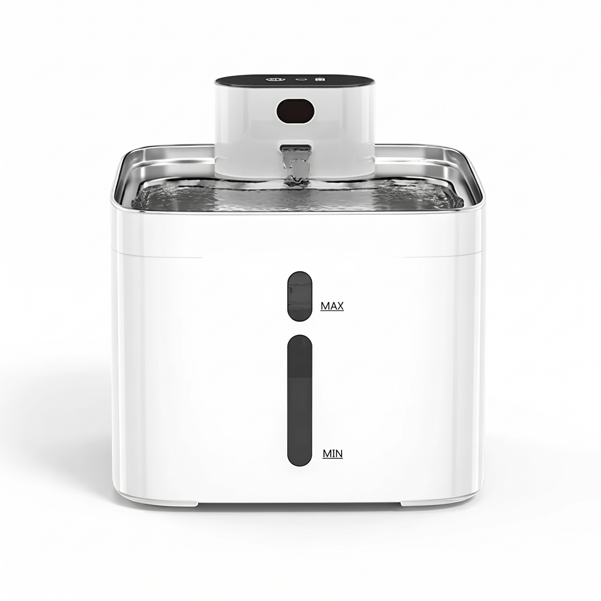 Cordless rechargeable pet water fountain with stainless steel tray on white background
