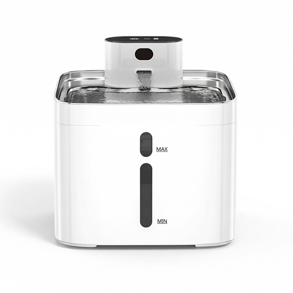 Cordless rechargeable pet water fountain with stainless steel tray on white background
